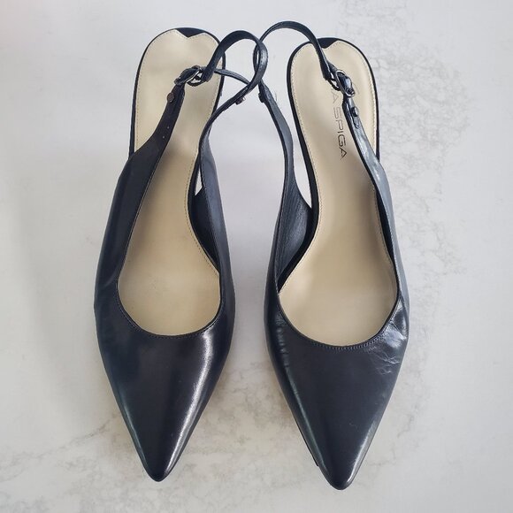 Via Spiga Shoes - Via Spiga Black Leather Kitten Heel Slingback Heels  9.5M